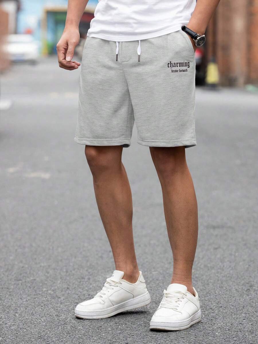 Manfinity Homme Quần Short Nam Dây kéo Túi Lá thư Giải trí - Xám - Xem 1