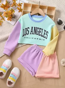 SHEIN 青少女字母圖形拼色下肩毛衣和短褲 - 彩色 - 查看 1