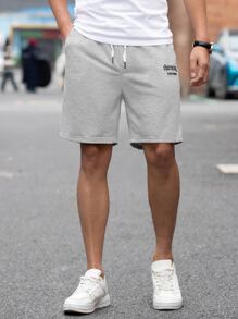 Manfinity Homme Quần Short Nam Dây kéo Túi Lá thư Giải trí - Xám - Xem 3
