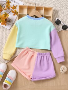 SHEIN 青少女字母圖形拼色下肩毛衣和短褲 - 彩色 - 查看 2