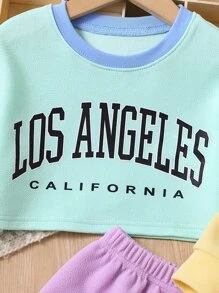 SHEIN 青少女字母圖形拼色下肩毛衣和短褲 - 彩色 - 查看 5