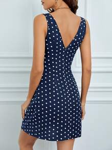 SHEIN Tall Đầm Lộ Lưng Dây kéo Chấm bi Giải trí - Màu xanh hải quân - Xem 2