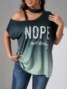 SHEIN LUNE Camiseta con estampado de slogan de ombré de cuello asimétrico de manga murciélago - Verde - Ver 1