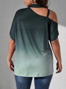 SHEIN LUNE Camiseta con estampado de slogan de ombré de cuello asimétrico de manga murciélago - Verde - Ver 2