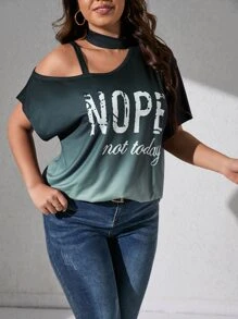 SHEIN LUNE Camiseta con estampado de slogan de ombré de cuello asimétrico de manga murciélago - Verde - Ver 4