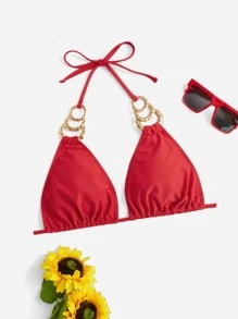SHEIN Swim Curve Top bikini triángulo vinculado con cadena halter - Rojo - Ver 1