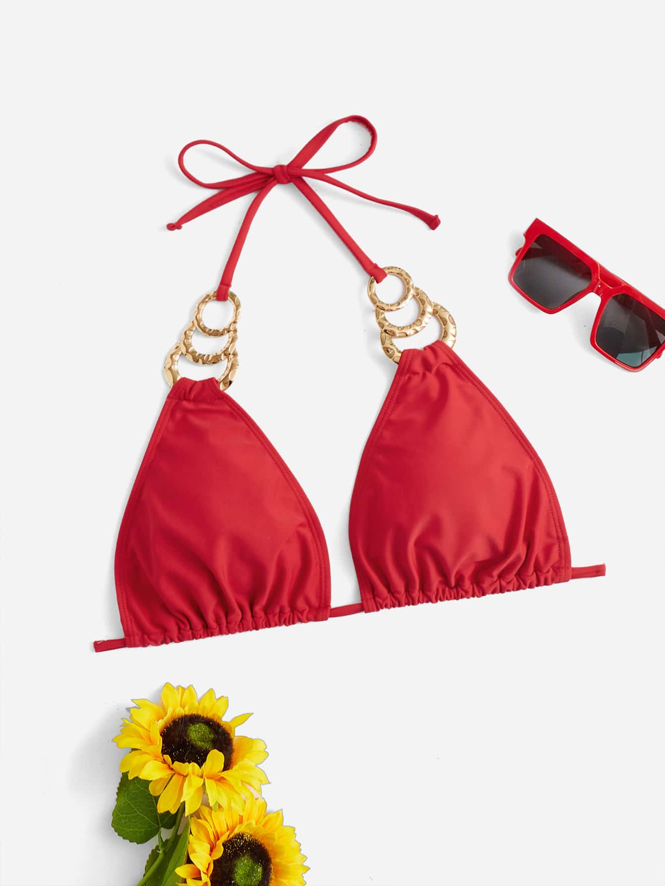 SHEIN Swim Curve Top bikini triángulo vinculado con cadena halter - Rojo - Ver 1