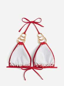 SHEIN Swim Curve Top bikini triángulo vinculado con cadena halter - Rojo - Ver 2