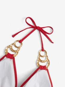 SHEIN Swim Curve Top bikini triángulo vinculado con cadena halter - Rojo - Ver 3