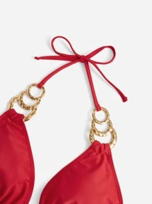 SHEIN Swim Curve Top bikini triángulo vinculado con cadena halter - Rojo - Ver 5