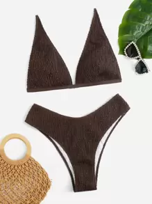 SHEIN Swim Curve Plus Size Smocked High Cut Bikini Set Summer Beach - Brown - View 1