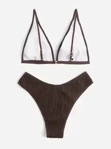 SHEIN Swim Curve Plus Size Smocked High Cut Bikini Set Summer Beach - Brown - View 2