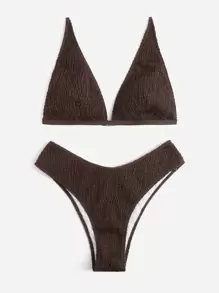 SHEIN Swim Curve Plus Size Smocked High Cut Bikini Set Summer Beach - Brown - View 3