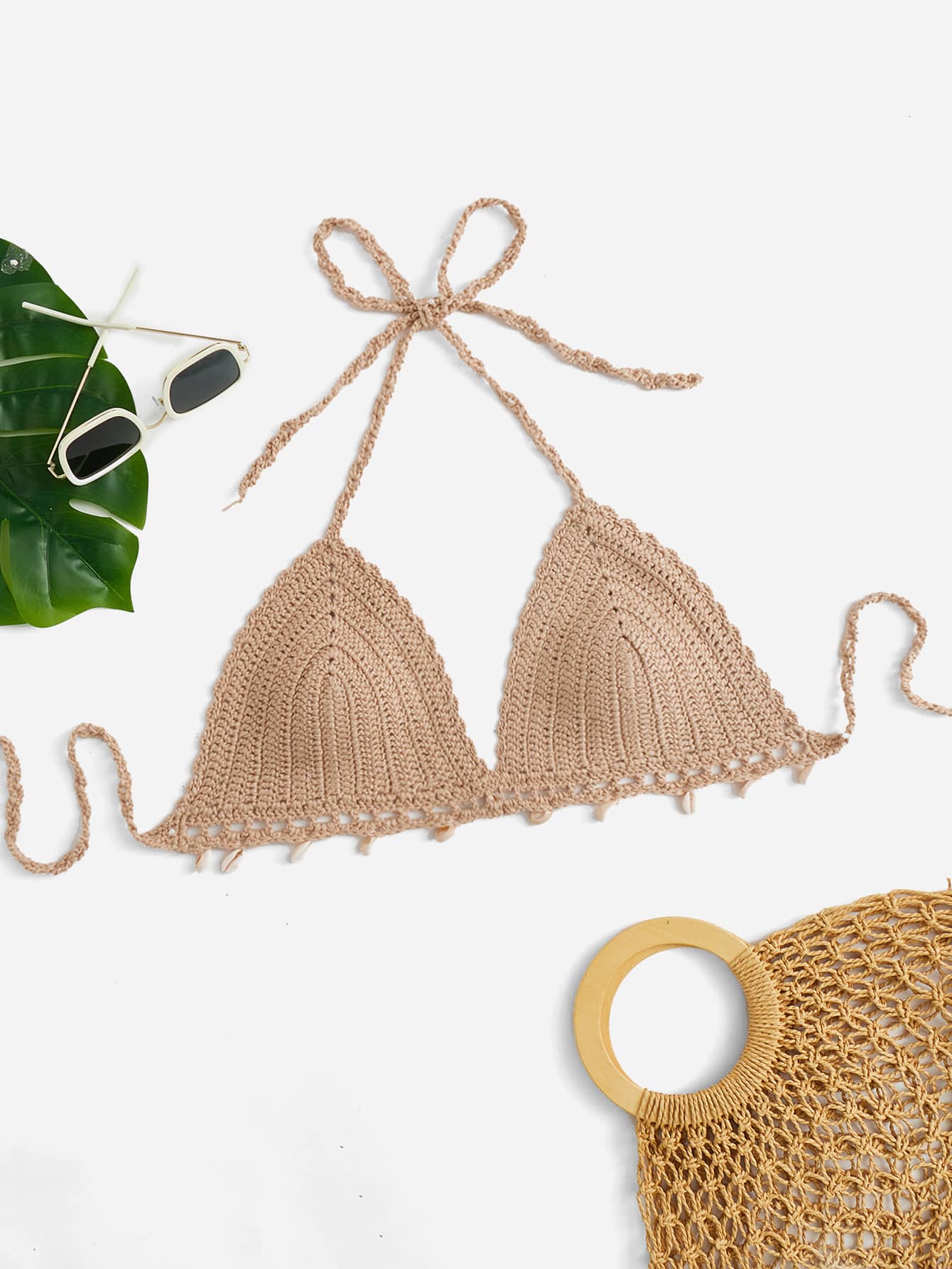 Plus Crochet Halter Cover Up Top - Khaki - View 1