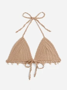 Plus Crochet Halter Cover Up Top - Khaki - View 2