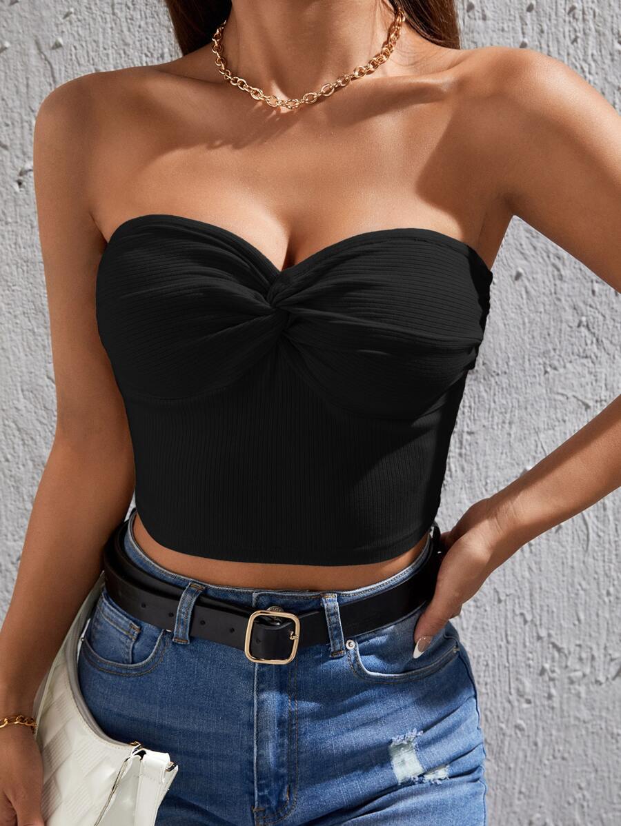 SHEIN PETITE Twist Front Crop Tube Top - Black - View 1