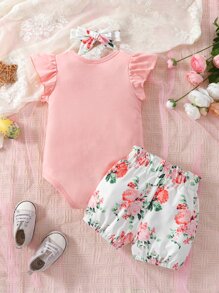 SHEIN Bebé con estampado de conejo ribete con fruncido Body & con estampado floral con lazo delantero Shorts con banda cabeza - Multicolor - Ver 2