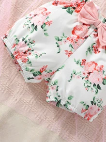 SHEIN Bebé con estampado de conejo ribete con fruncido Body & con estampado floral con lazo delantero Shorts con banda cabeza - Multicolor - Ver 3
