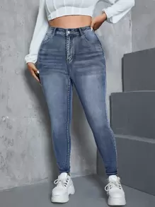 SHEIN ICON Plus High Waist Single Button Skinny Jeans - Medium Wash - View 1