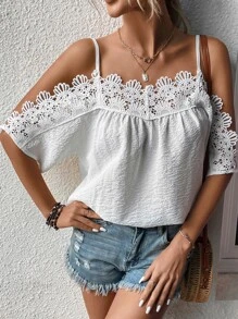 SHEIN WYWH Contrast Guipure Lace Cold Shoulder Blouse - White - View 1