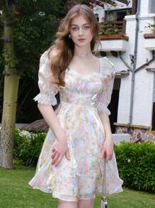 印花雞心領口泡泡袖連衣裙 - 彩色 - 查看 1