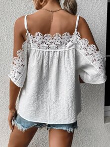 SHEIN WYWH Contrast Guipure Lace Cold Shoulder Blouse - White - View 2