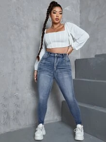 SHEIN ICON Plus High Waist Single Button Skinny Jeans - Medium Wash - View 3