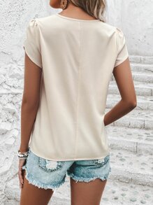 SHEIN LUNE Contrast Lace Petal Sleeve Blouse - Apricot - View 2