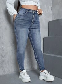 SHEIN ICON Plus High Waist Single Button Skinny Jeans - Medium Wash - View 4