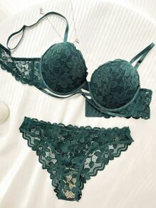 Floral Lace Underwire Bra & Panty Lingerie Set - Dark Green - View 7