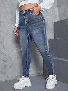 SHEIN ICON Plus High Waist Single Button Skinny Jeans - Medium Wash - View 5