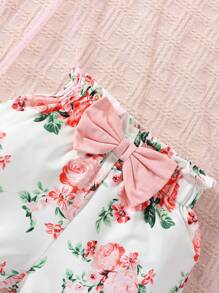 SHEIN Bebé con estampado de conejo ribete con fruncido Body & con estampado floral con lazo delantero Shorts con banda cabeza - Multicolor - Ver 6