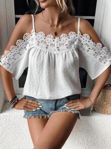 SHEIN WYWH Contrast Guipure Lace Cold Shoulder Blouse - White - View 4