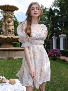 印花雞心領口泡泡袖連衣裙 - 彩色 - 查看 4