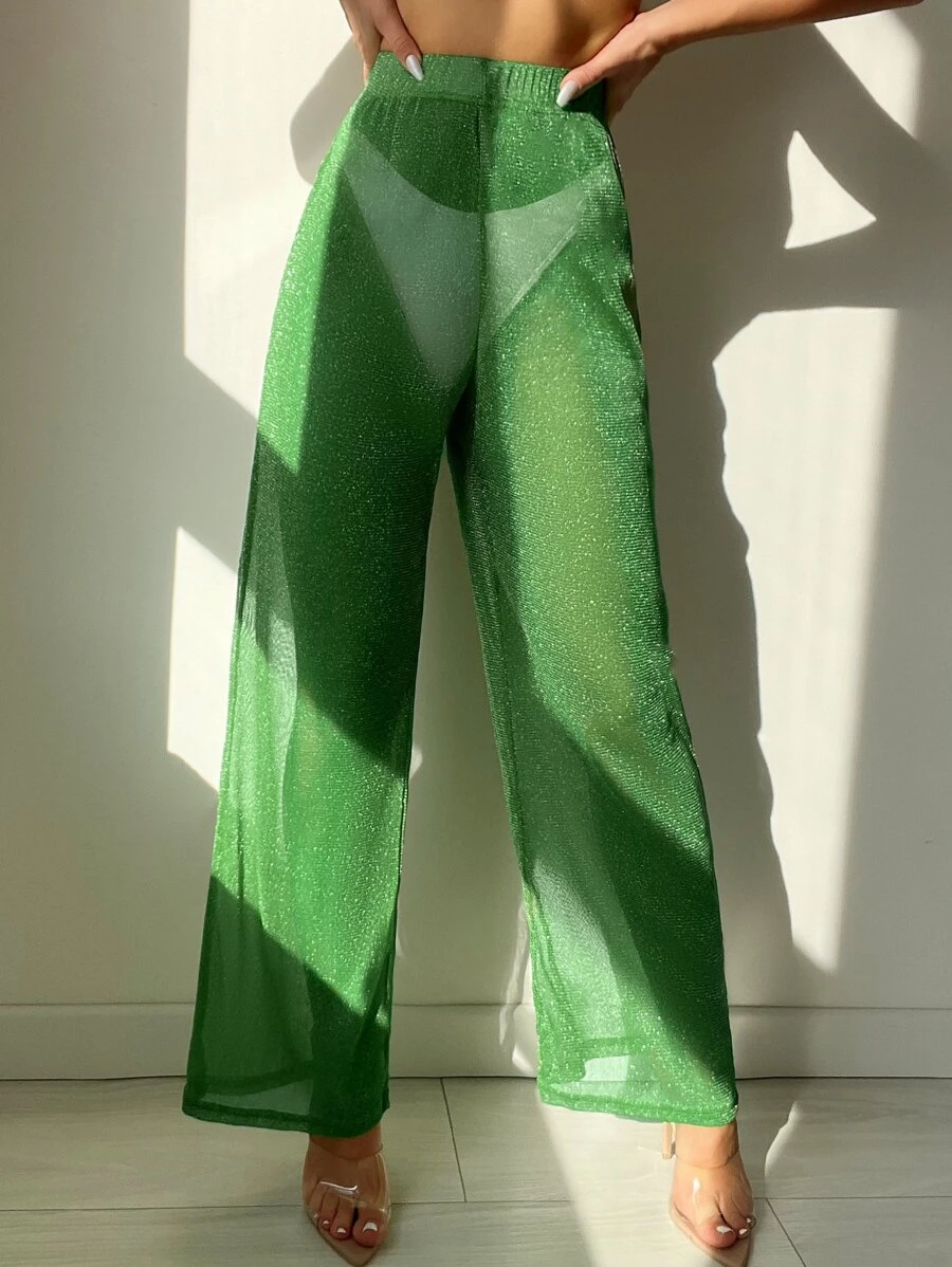 Sheer Wide Leg Cover Up Pants Without Bikini - Green - View 1