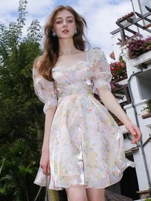 印花雞心領口泡泡袖連衣裙 - 彩色 - 查看 5