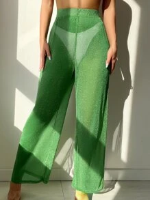 Sheer Wide Leg Cover Up Pants Without Bikini - Green - View 3