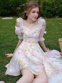 印花雞心領口泡泡袖連衣裙 - 彩色 - 查看 6