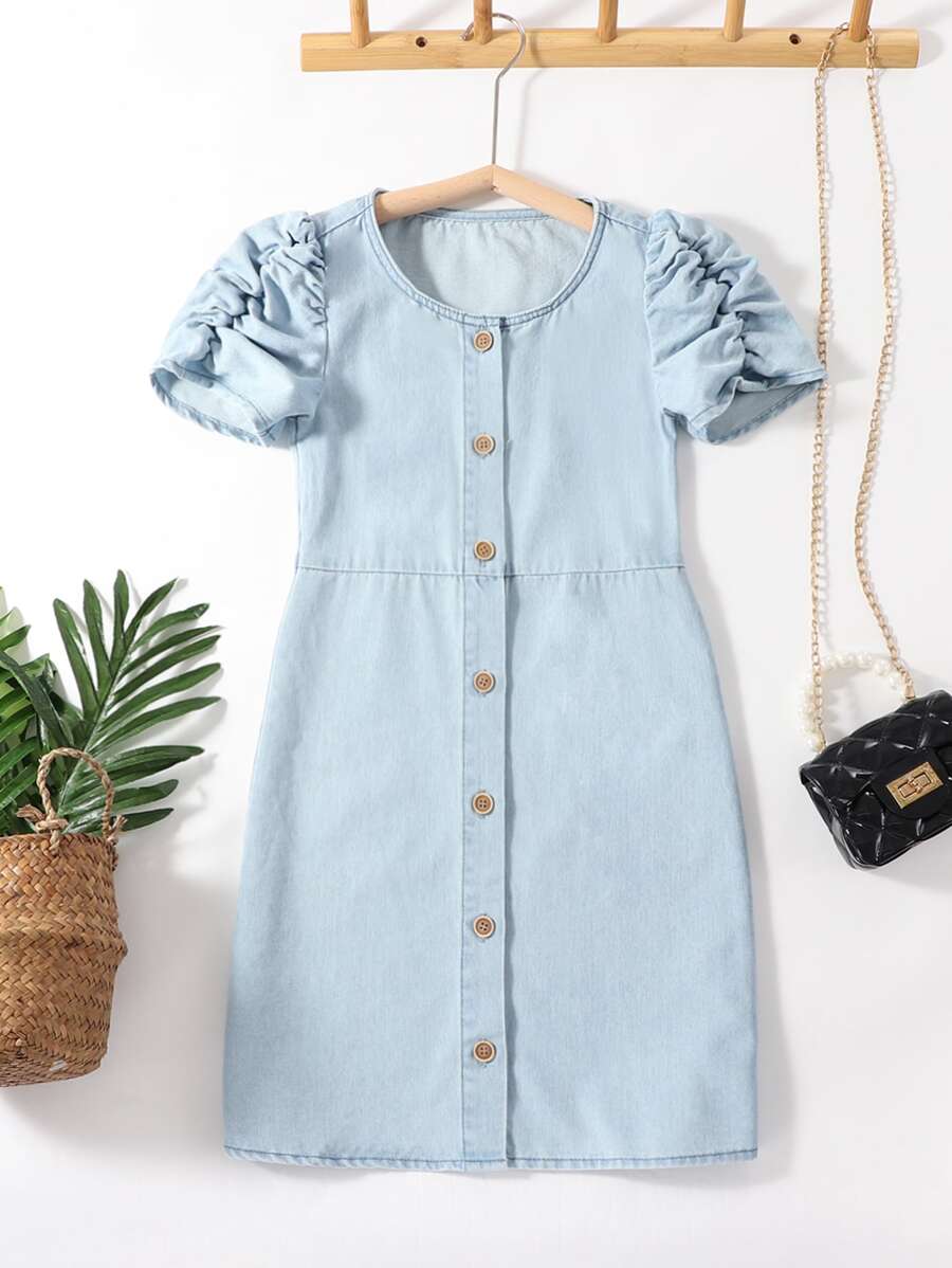 Girls Button Front Puff Sleeve Denim Dress - Light Wash - View 1