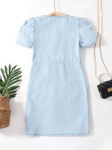 Girls Button Front Puff Sleeve Denim Dress - Light Wash - View 2