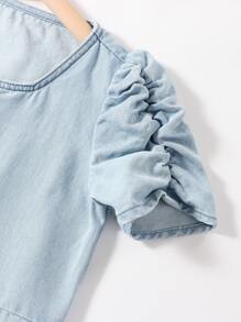 Girls Button Front Puff Sleeve Denim Dress - Light Wash - View 4