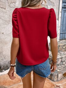 SHEIN Clasi 素色泡泡袖V領襯衫 - 酒紅色 - 查看 2