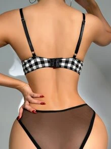 Gingham Print Underwire Lingerie Set - Black and White - View 2