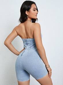 SHEIN Essnce 素色抹胸牛仔連體短褲 - 淺色水洗藍 - 查看 2