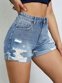 SHEIN EZwear Quần short denim nữ Túi Bị tách Dây kéo màu trơn - Rửa trung bình - Xem 1