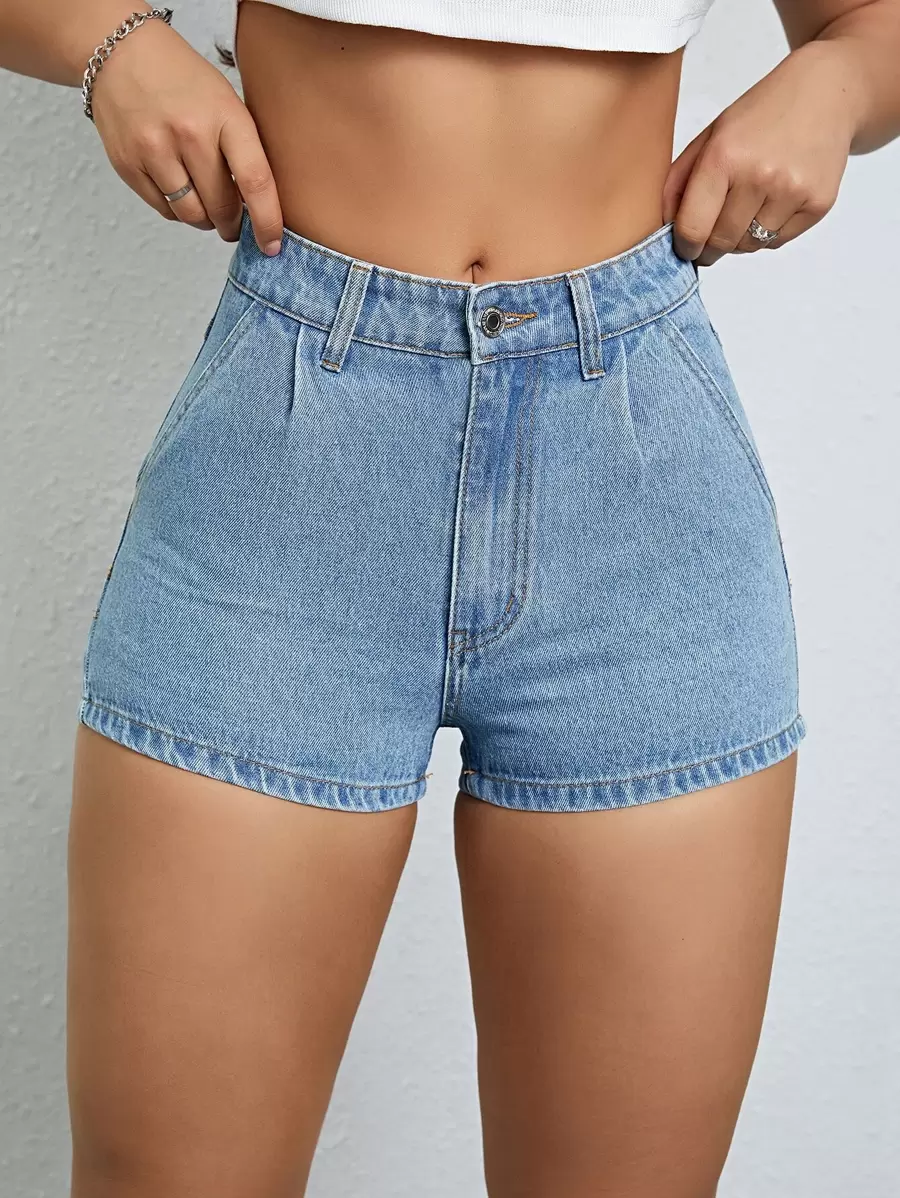 SHEIN EZwear Quần short denim nữ Nút Túi Dây kéo màu trơn - Rửa trung bình - Xem 1