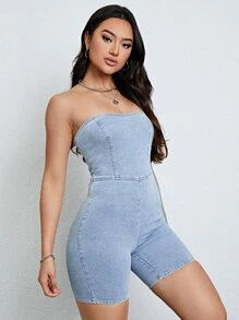 SHEIN Essnce 素色抹胸牛仔連體短褲 - 淺色水洗藍 - 查看 5