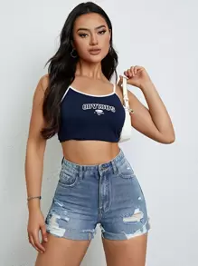 SHEIN EZwear Quần short denim nữ Túi Bị tách Dây kéo màu trơn - Rửa trung bình - Xem 4