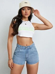 SHEIN EZwear Quần short denim nữ Nút Túi Dây kéo màu trơn - Rửa trung bình - Xem 3