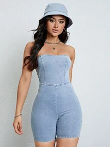 SHEIN Essnce 素色抹胸牛仔連體短褲 - 淺色水洗藍 - 查看 6